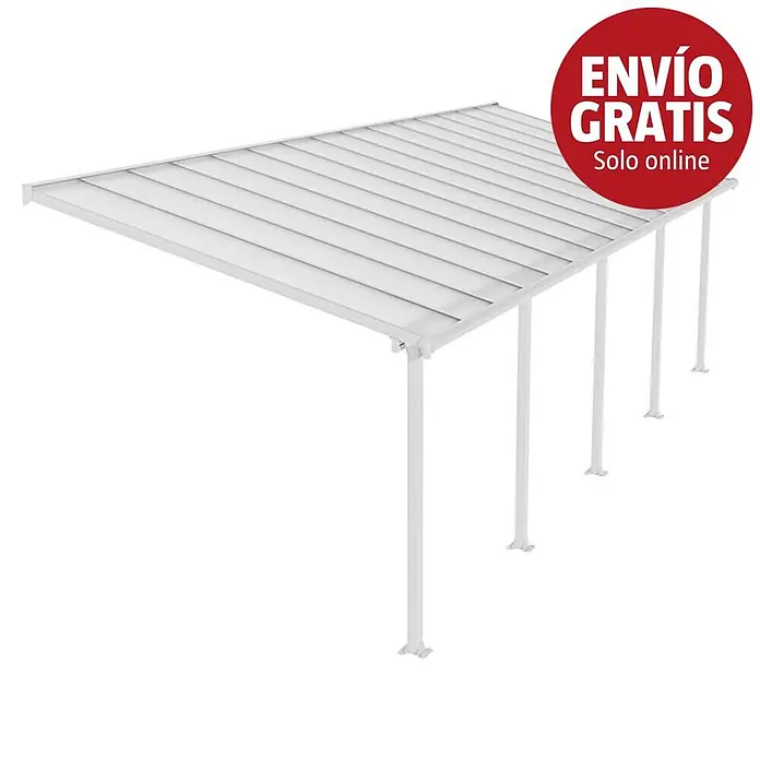 Palram – Canopia Marquesina adosada Olympia - An x Pr: 915 x 300 cm, Blanco tráfico, Policarbonato, Transparente - Pérgola de aluminio blanca con techo plano de lamas y postes de soporte.