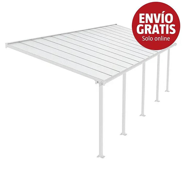 Palram – Canopia Marquesina adosada Olympia - An x Pr: 850 x 300 cm, Blanco tráfico, Policarbonato, Transparente - Pérgola blanca con techo translúcido y postes de soporte.