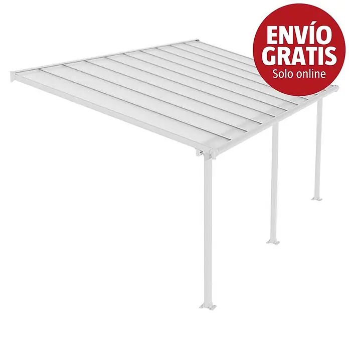 Palram – Canopia Marquesina adosada Olympia - An x Pr: 610 x 300 cm, Blanco tráfico, Policarbonato, Transparente - Carport o pérgola de metal blanco con techo translúcido, sostenido por postes.