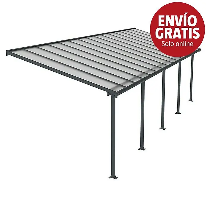 Palram – Canopia Marquesina adosada Olympia - An x Pr: 915 x 300 cm, Gris antracita, Policarbonato, Transparente - Carport de metal gris con techo ondulado translúcido y múltiples postes de soporte.