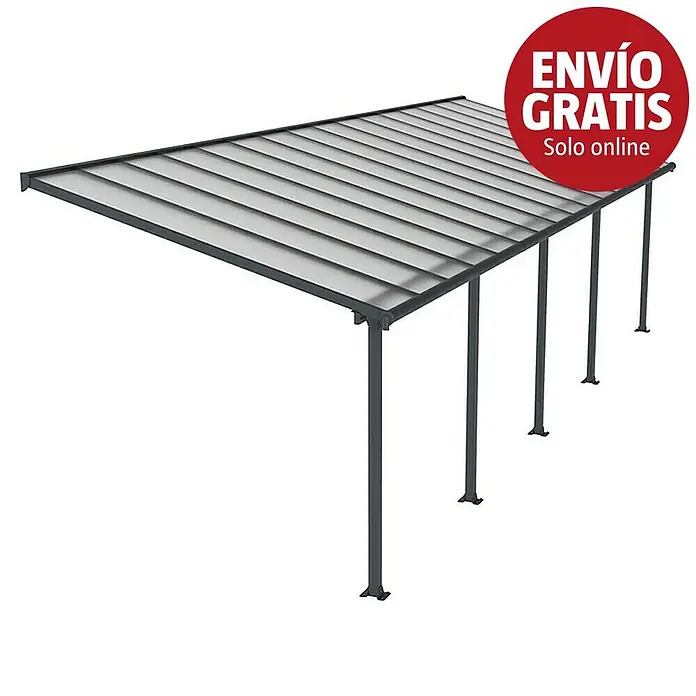 Palram – Canopia Marquesina adosada Olympia - An x Pr: 971 x 300 cm, Gris antracita, Policarbonato, Transparente - Carport/pérgola gris oscuro con paneles de techo translúcidos y varios postes de soporte.