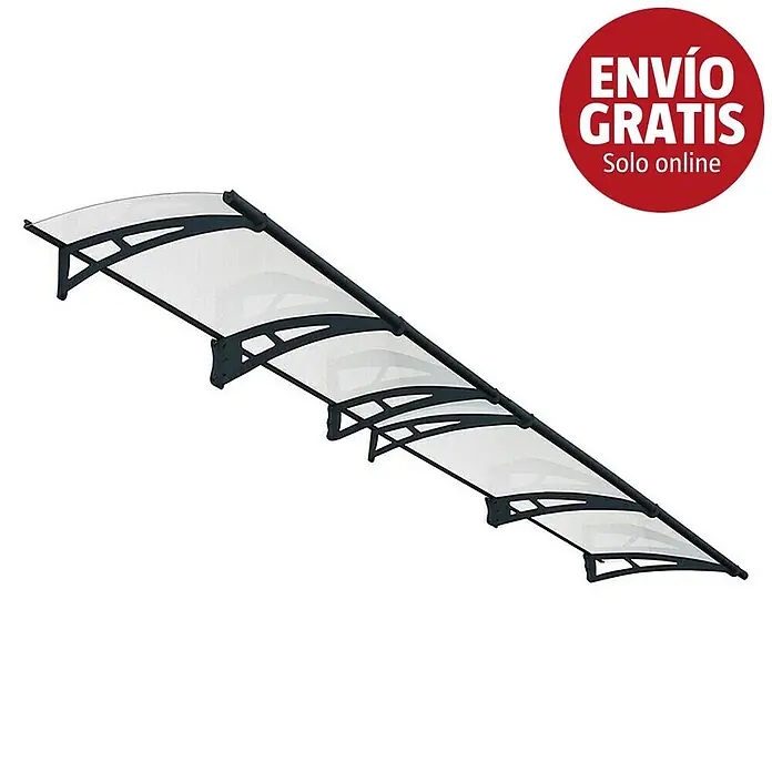 Palram – Canopia Marquesina para puerta Aquila - 412 x 91,5 x 17,5 cm, Gris antracita, Color del techo: Claro - Toldo transparente multisegmento con soportes arqueados negros.