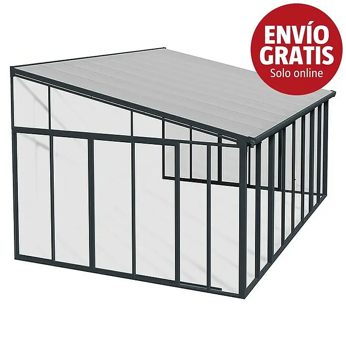 Palram – Canopia Porche acristalado San Remo - An x Pr x Al: 4,25 x 4 x 3,1 m, Gris antracita - Invernadero adosado con marco gris oscuro y paneles translúcidos.