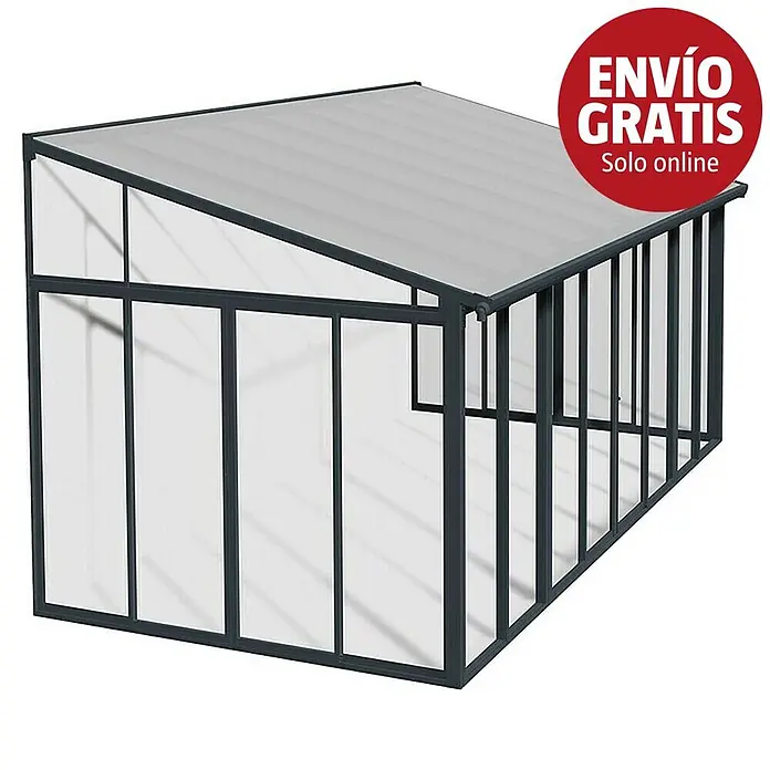 Palram – Canopia Porche acristalado San Remo - An x Pr x Al: 5,46 x 3 x 3,1 m, Gris antracita - Invernadero adosado de metal gris oscuro con paneles de policarbonato translúcido.