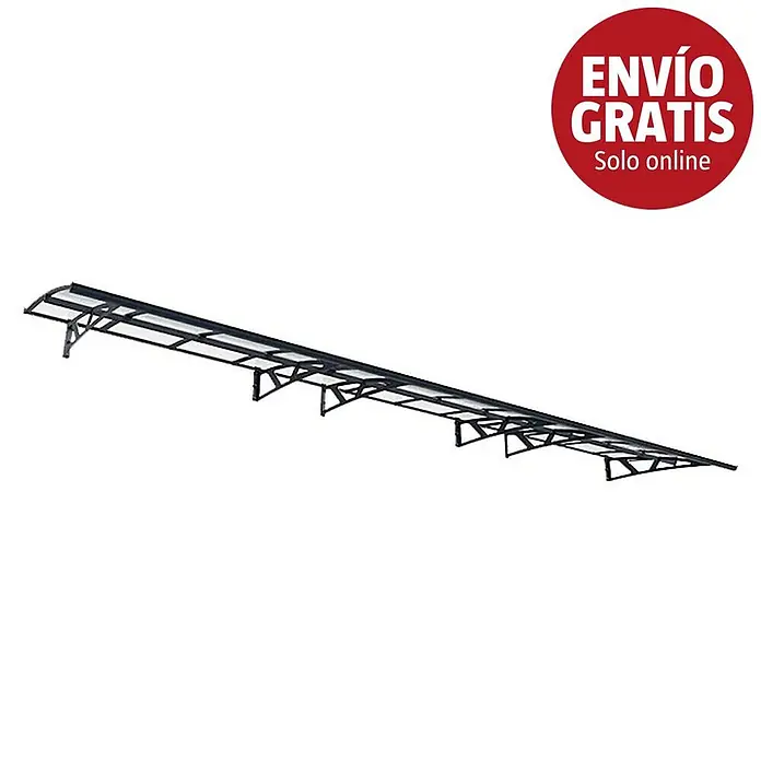 Palram – Canopia Marquesina para puerta Amsterdam - 670,5 x 139 x 33 cm, Gris antracita - Toldo largo con marco negro y paneles translúcidos con soportes.