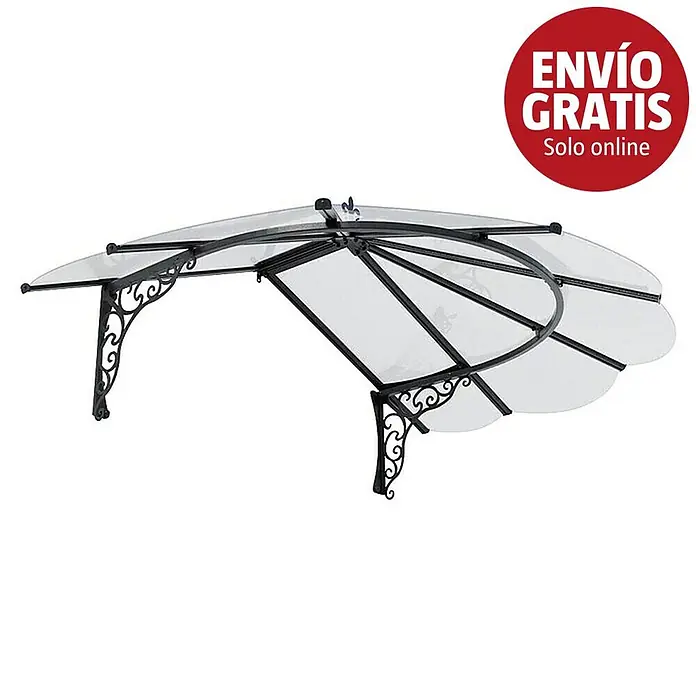 Palram – Canopia Marquesina Iris - 174,5 x 125 x 80 cm, Negro - Toldo de entrada transparente con bordes ondulados y soportes decorativos de metal negro.