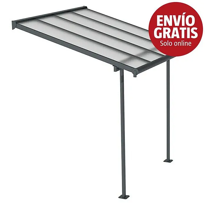 Palram – Canopia Marquesina adosada Sierra - An x Pr: 224,5 x 228 cm, Antracita, Policarbonato, Gris - Marquesina exterior de metal gris con paneles de techo translúcidos y dos postes de soporte.