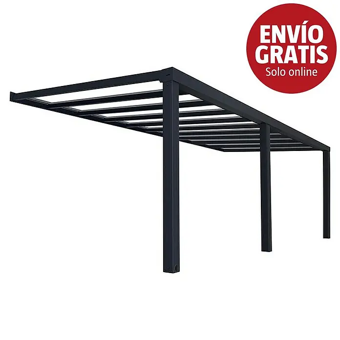 Palram – Canopia Marquesina adosada Stockholm - An x Pr: 740 x 340 cm, Gris antracita, Policarbonato, Transparente - Estructura de pérgola o carport de metal oscuro con techo de lamas.