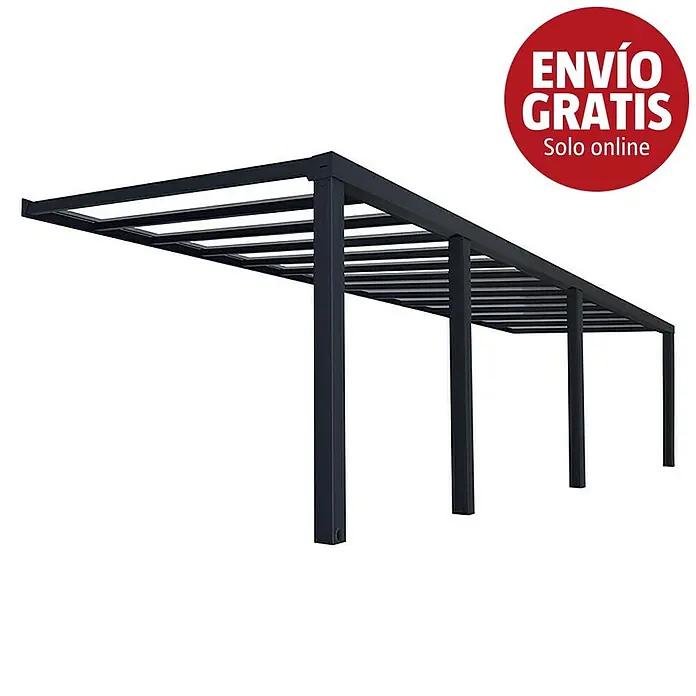 Palram – Canopia Marquesina adosada Stockholm - An x Pr: 950 x 340 cm, Gris antracita, Policarbonato, Transparente - Estructura de pérgola de metal gris oscuro con postes verticales y techo de lamas.