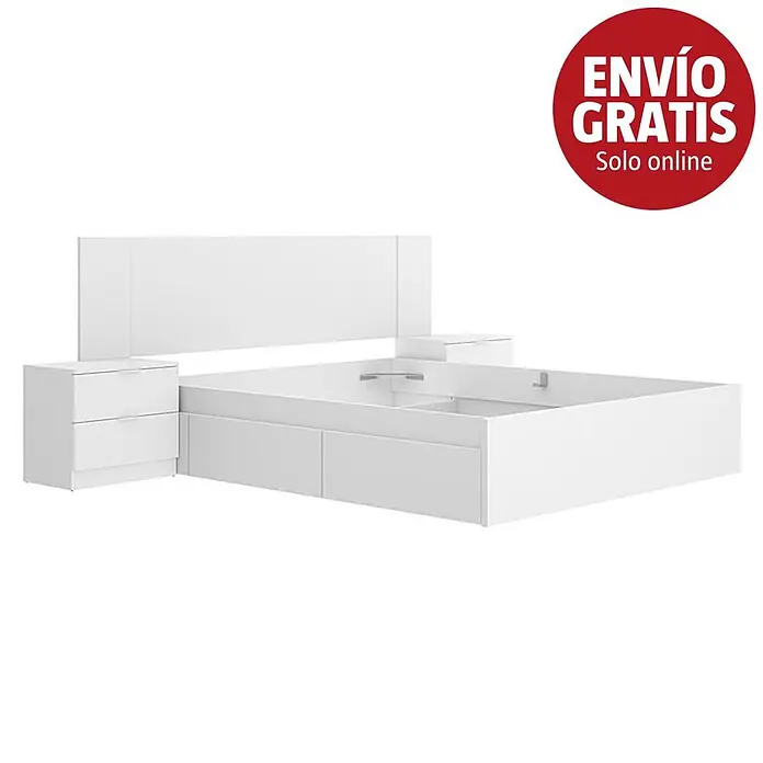 Dekit Set muebles de dormitorio Len - 4 pzs., Blanco, Específico para: Colchón de 150x190 cm - Cama blanca con cabecero, cajones de almacenamiento y dos mesitas de noche a juego.