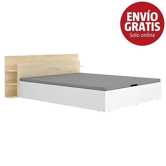 Dekit Cabecero de cama Tori - L x An: 209,2 x 181,2 cm, Roble claro, Con canapé - Cabecero de madera clara con estantes unido a una base de cama blanca con colchón gris.