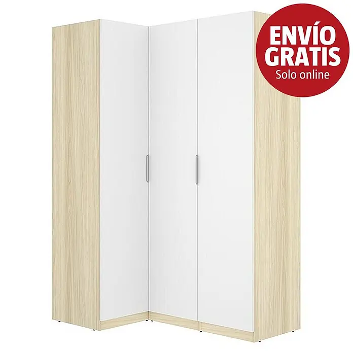 Dekit Armario para ropa Emax - L x An x Al: 95 x 142,2 x 203,5 cm, Roble claro/Blanco, Rinconero/Montaje reversible - Armario esquinero con puertas blancas y marco efecto madera clara.