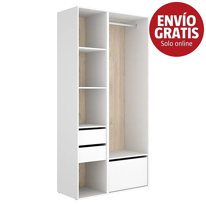 Dekit Armario para ropa Suit - L x An x Al: 45 x 99,5 x 204,5 cm, Blanco/Natural, Trasera reversible - Armario blanco con detalles en madera clara, con estantes, cajones y una barra para colgar.