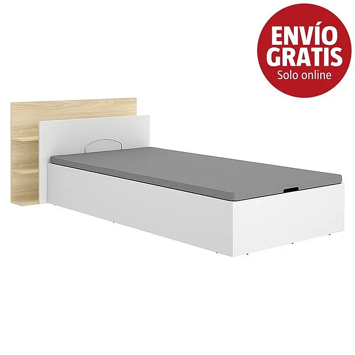 Dekit Cabecero de cama Tori - L x An: 209,2 x 105,2 cm, Blanco/Roble claro, Con canapé - Cama individual con estructura blanca, colchón gris y cabecero de madera clara con estantes integrados.