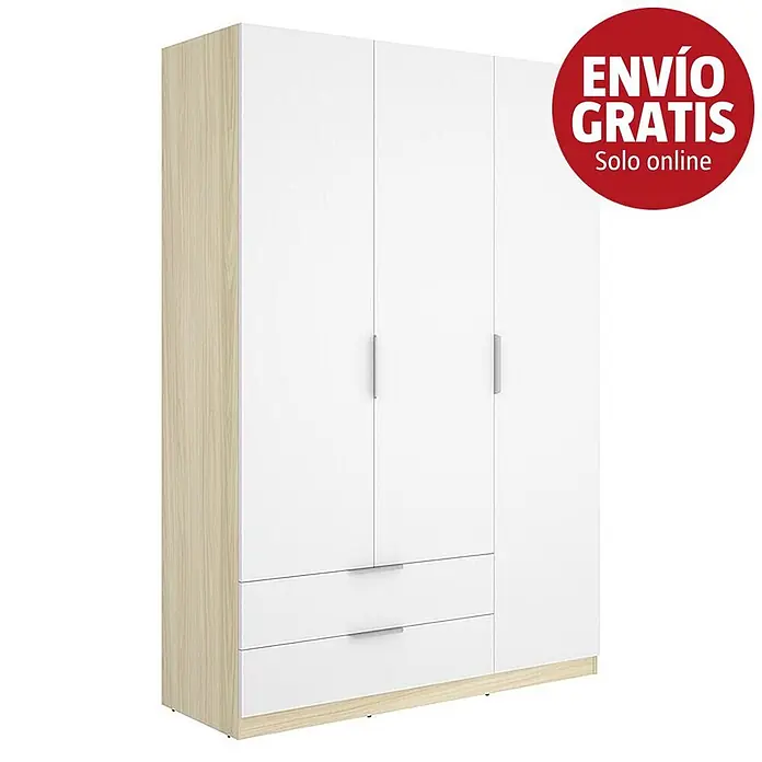 Dekit Armario para ropa Emax - L x An x Al: 51,4 x 136,6 x 203,5 cm, Roble claro/Blanco, Número de cajones: 2 ud. - Armario blanco y efecto madera clara con cuatro puertas y dos cajones.