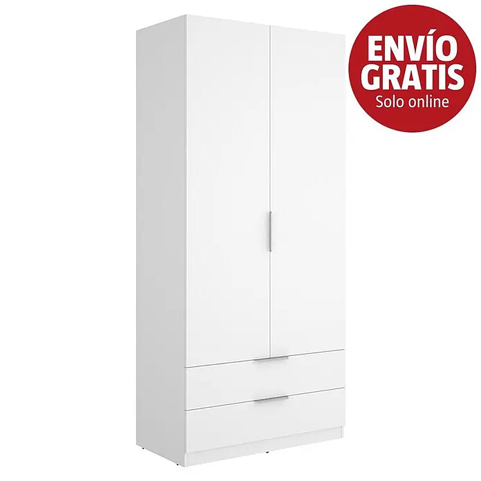 Dekit Armario para ropa Emax - L x An x Al: 51,4 x 91 x 203,5 cm, Blanco, Número de cajones: 2 ud. - Armario blanco de dos puertas con dos cajones inferiores.
