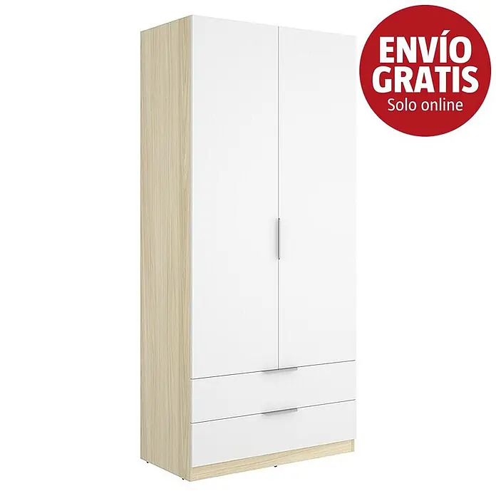 Dekit Armario para ropa Emax - L x An x Al: 51,4 x 91 x 203,5 cm, Roble claro/Blanco, Número de cajones: 2 ud. - Armario blanco de dos puertas con dos cajones y laterales efecto madera clara.