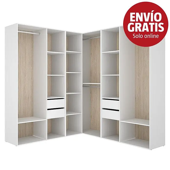 Dekit Armario para ropa Suit - L x An x Al: 186,3 x 182,4 x 204,5 cm, Blanco/Natural, Trasera reversible - Organizador de armario modular en forma de L blanco con paneles traseros de madera clara, con barras, estantes y cajones.