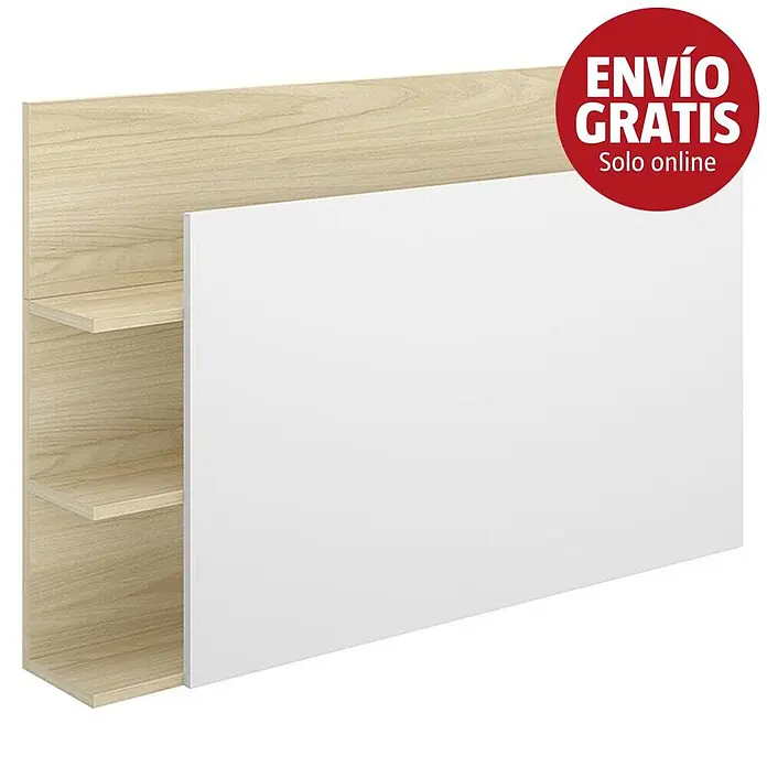 Dekit Cabecero de cama Tori - L x An: 19,2 x 105,2 cm, Blanco/Roble claro, Específico para: Cama de 90 cm. - Mueble de pared en madera clara y blanco con estantes.