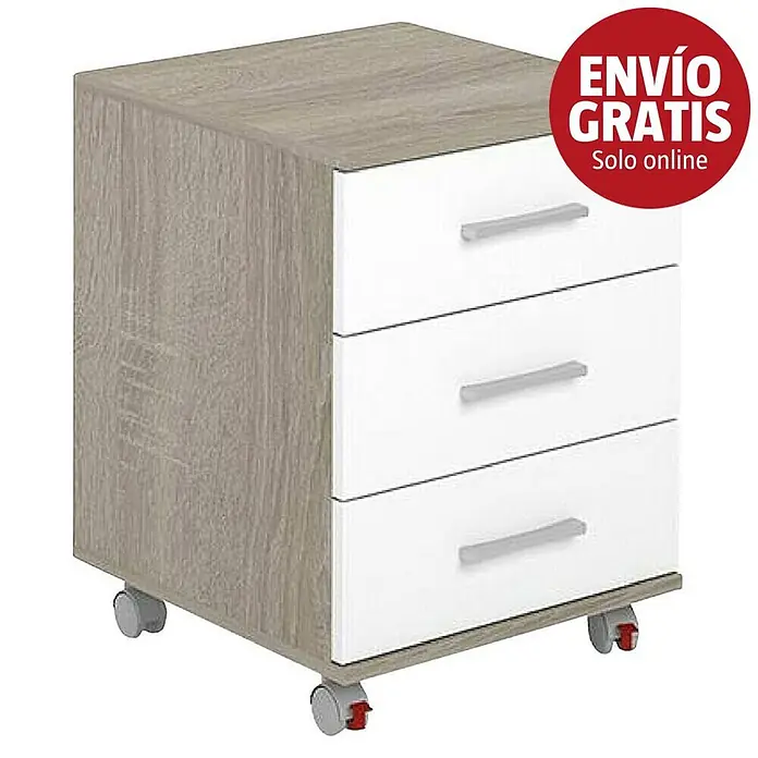 Meka Block Cajonera con ruedas K-906 - L x An x Al: 44 x 45,5 x 58 cm, Roble Cortez/Blanco, Número de cajones: 3 ud. - Cajonera móvil de 3 cajones, efecto madera clara, frontales blancos, ruedas.