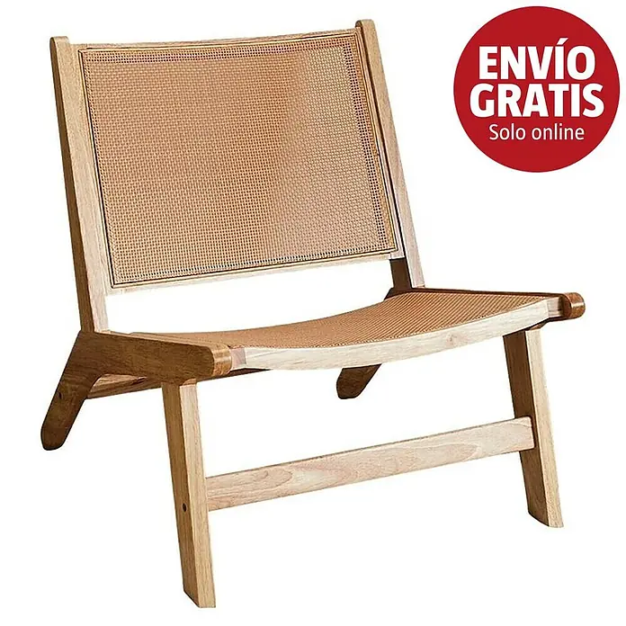Home Deco Factory Bali Silla - Madera de Hevea, Marrón, Con ratán trenzado - Sillón de madera clara con respaldo y asiento de rejilla de caña.