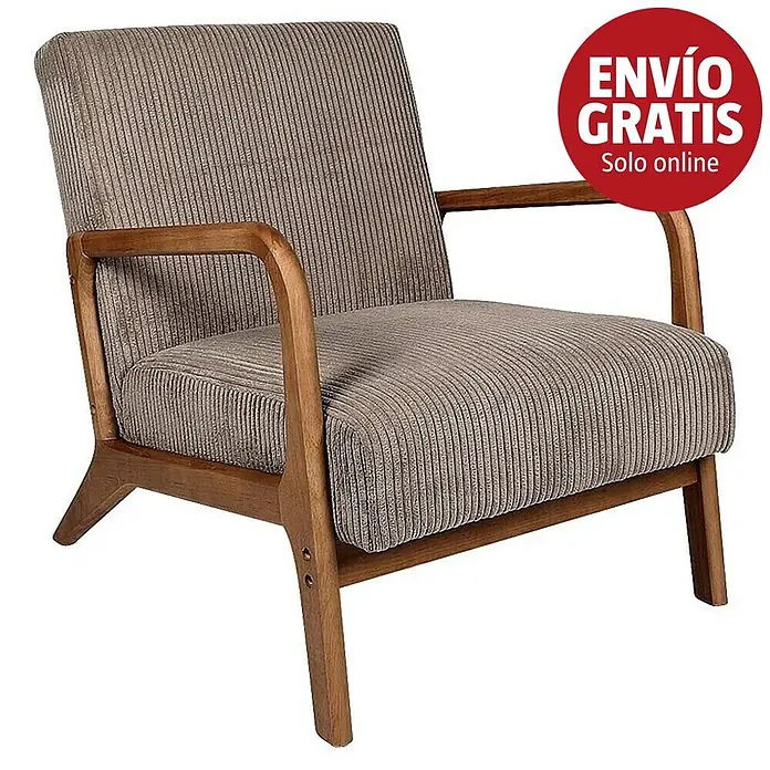 Home Deco Factory Sillón Scott - L x An x Al: 83,5 x 64,5 x 75 cm, Taupe, Textil canalé - Sillón de pana con estructura y reposabrazos de madera en color gris-marrón.