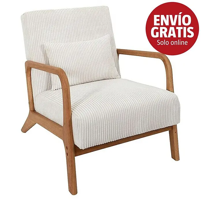 Home Deco Factory Sillón Scott - L x An x Al: 83,5 x 64,5 x 75 cm, Beige, Textil canalé - Sillón de tela acanalada clara con estructura de madera natural y cojín.
