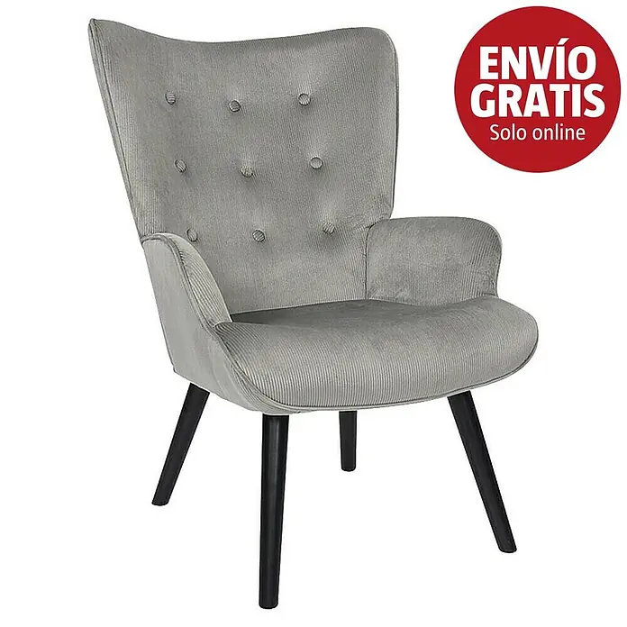 Home Deco Factory Giulia Sillón - L x An x Al: 75 x 68 x 96 cm, Gris - Sillón gris de pana con respaldo capitoné y patas negras.