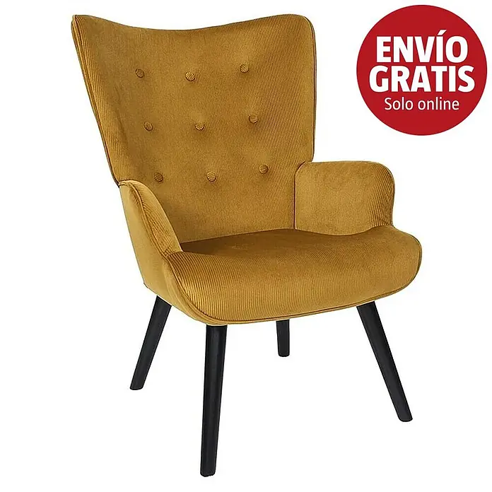 Home Deco Factory Giulia Sillón - L x An x Al: 75 x 68 x 96 cm, Mostaza - Sillón mostaza de pana con respaldo capitoné y patas cónicas negras.