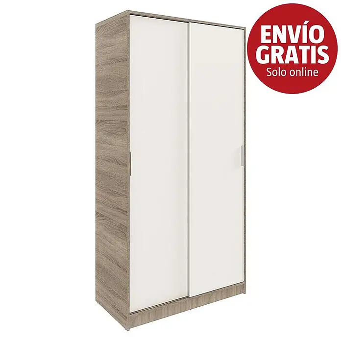 Meka Block Armario de puertas correderas K-511 - L x An x Al: 50 x 100 x 200 cm, Blanco Liso/Roble Cortez - Armario con dos puertas correderas blancas y marco efecto madera marrón claro.