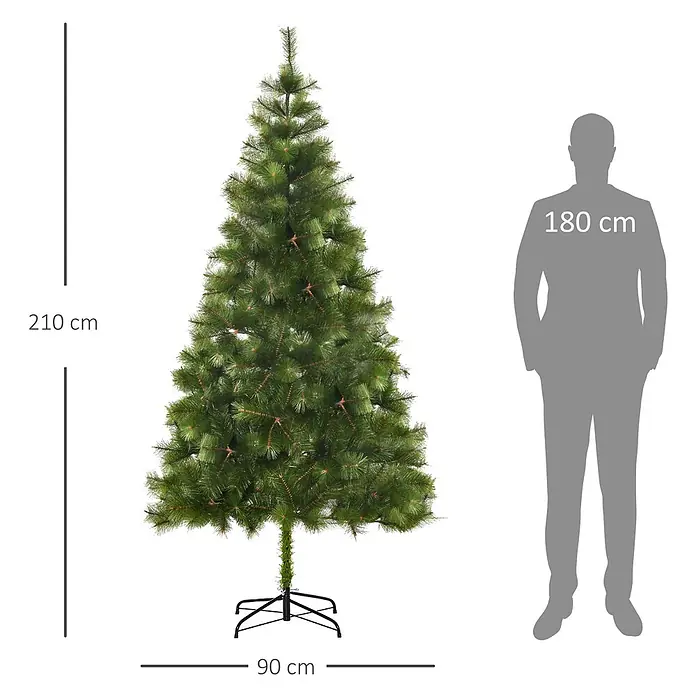 HOMCOM-Weihnachtsbaum-Ø90 x 210H cm-Grün -  - Grüner künstlicher Weihnachtsbaum, 210 cm hoch und 90 cm breit, mit einer 180 cm Person zum Größenvergleich.
