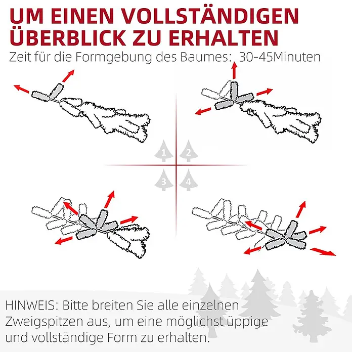 HOMCOM-Weihnachtsbaum-Ø105 x 180H cm-Grün -  - Anleitung zur Formgebung eines Weihnachtsbaumzweiges, die in vier Schritten das Ausbreiten der Spitzen für eine volle Form zeigt.
