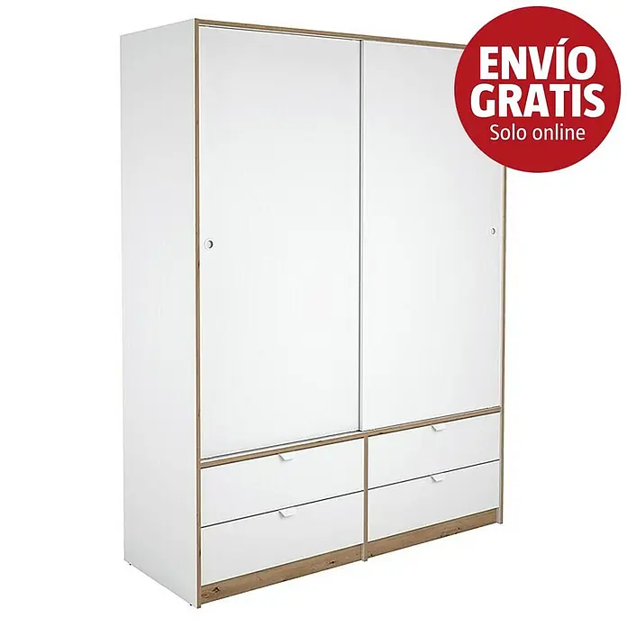 Meka Block Armario de puertas correderas K-7321 - L x An x Al: 55 x 150 x 200 cm, Blanco Liso/Roble Albar - Armario blanco con puertas correderas y detalles de madera, con cuatro cajones abajo, ofreciendo amplio almacenaje.