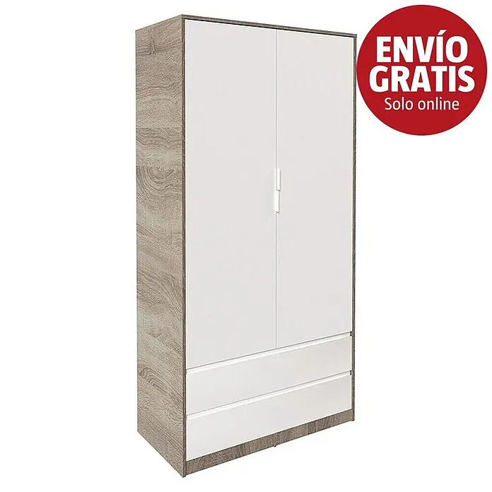 Meka Block Armario para ropa K-509 - L x An x Al: 50 cm x 100 cm x 200 mm, Roble Cortez/Blanco Liso - Armario de dos puertas con dos cajones, frentes blancos y marco efecto madera clara.