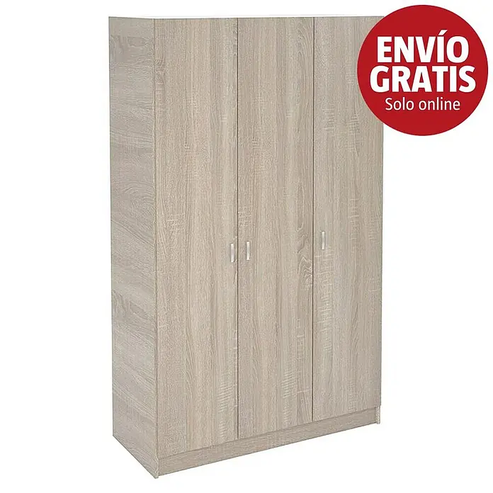 Meka Block Armario para ropa K-7349 - L x An x Al: 52 cm x 128,2 mm x 200 cm, Roble Cortez - Armario de tres puertas con efecto de madera clara y tiradores plateados.