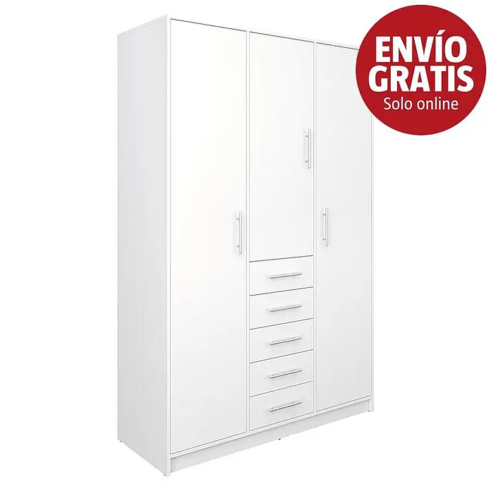 Meka Block Armario para ropa K-9235 - L x An x Al: 50 cm x 130 mm x 200 cm, Blanco Liso - Armario blanco de varias puertas con varios cajones y tiradores plateados.