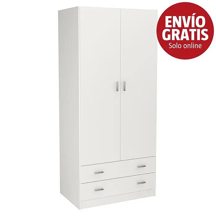Meka Block Armario para ropa K-9459 - L x An x Al: 52 cm x 80,4 cm x 180 mm, Blanco Liso - Armario blanco de dos puertas con dos cajones inferiores.