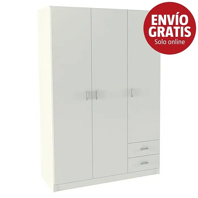 Meka Block Armario para ropa K-9460 - L x An x Al: 52 cm x 120 cm x 180 mm, Blanco Liso - Armario blanco de tres puertas con dos cajones inferiores y tiradores plateados.