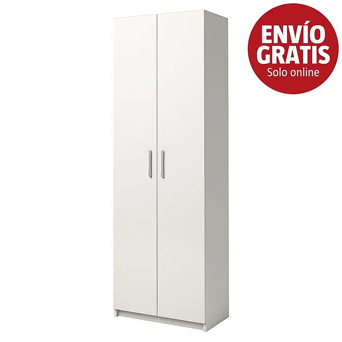 Meka Block Armario multiusos de madera K-967 - L x An x Al: 36 x 60 x 180 cm, Apertura según normativa: Izquierda/Derecha, Blanco Liso, Modelo alto - Armario blanco de dos puertas con dos tiradores plateados verticales y un distintivo rojo 'ENVÍO GRATIS'.