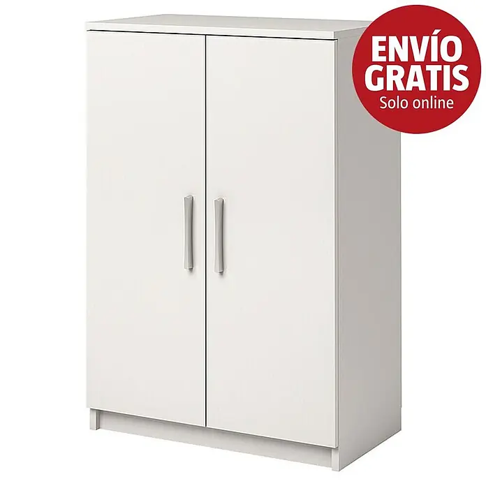 Meka Block Armario multiusos de madera K-967 - L x An x Al: 36 x 60 x 90 cm, Apertura según normativa: Izquierda/Derecha, Blanco Liso, Modelo bajo - Armario de almacenamiento blanco de dos puertas con tiradores plateados.