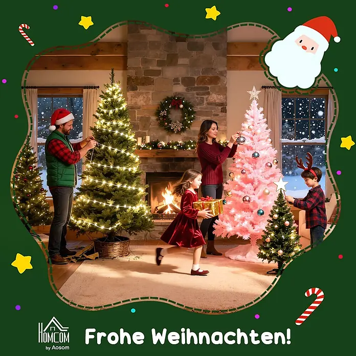 HOMCOM-Weihnachtsbaum-Ø60 x 100H cm-Grün+Gold -  - Eine Familie schmückt HOMCOM Weihnachtsbäume mit Lichtern und Ornamenten in einem gemütlichen Wohnzimmer.