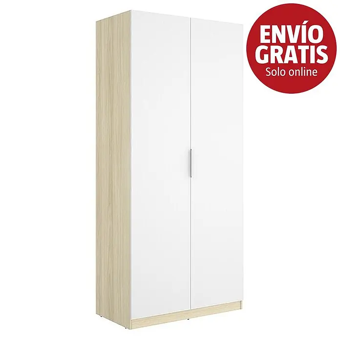 Dekit Armario para ropa Emax - L x An x Al: 51,4 x 91 x 203,5 cm, Roble claro/Blanco - Armario blanco de dos puertas con paneles laterales y base de efecto madera clara, y un tirador vertical plateado.