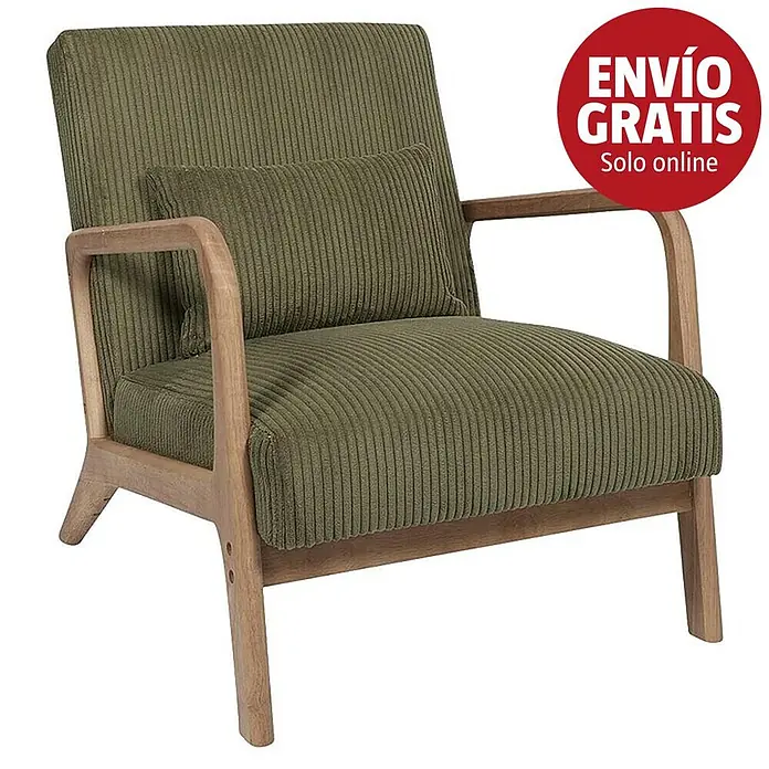 Home Deco Factory Sillón Scott - L x An x Al: 83,5 x 64,5 x 75 cm, Verde, Textil canalé - Sillón de pana verde oliva con estructura de madera clara y cojín a juego.