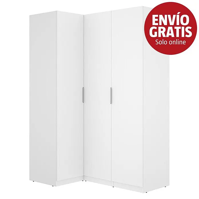Dekit Armario para ropa Emax - L x An x Al: 95 x 142,2 x 203,5 cm, Blanco, Rinconero - Armario esquinero en L blanco con tiradores plateados.