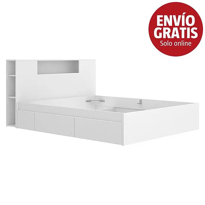Dekit Ten Cabecero de cama con cama - L x An: 219,8 x 157,2 cm, Blanco, Número de cajones: 4 ud., Específico para: Colchón de 150x190 cm - Estructura de cama blanca con cabecero con estante abierto y estantes laterales, y cajones de almacenamiento debajo.