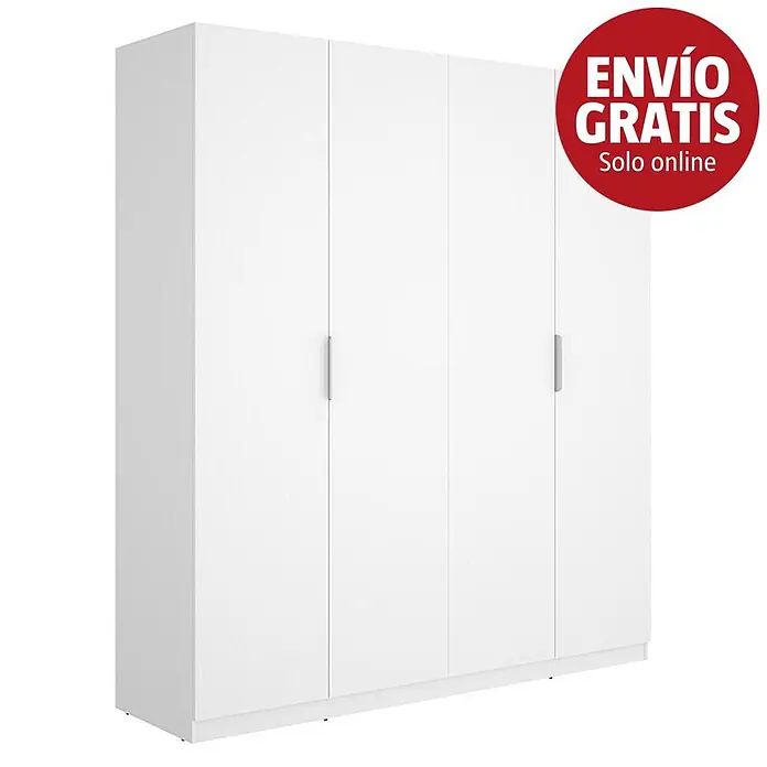 Dekit Armario para ropa Emax - L x An x Al: 51,4 x 182,1 x 203,5 cm, Blanco, Número de puertas: 4 ud. - Armario blanco de 4 puertas con tiradores plateados elegantes.