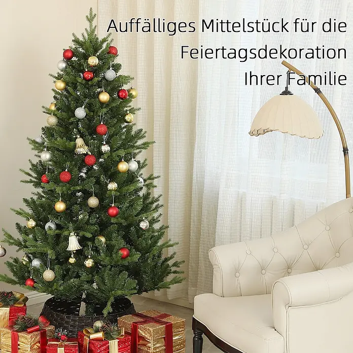 HOMCOM-Weihnachtsbaum-Ø105 x 180H cm-Grün -  - Ein grüner künstlicher Weihnachtsbaum, mit diversen Kugeln und Geschenken geschmückt, in einem festlichen Wohnzimmer stehend.