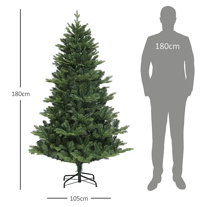 HOMCOM-Weihnachtsbaum-Ø105 x 180H cm-Grün -  - Grüner künstlicher Weihnachtsbaum, 180 cm hoch und 105 cm breit, mit einer 180 cm großen Silhouette zum Größenvergleich.