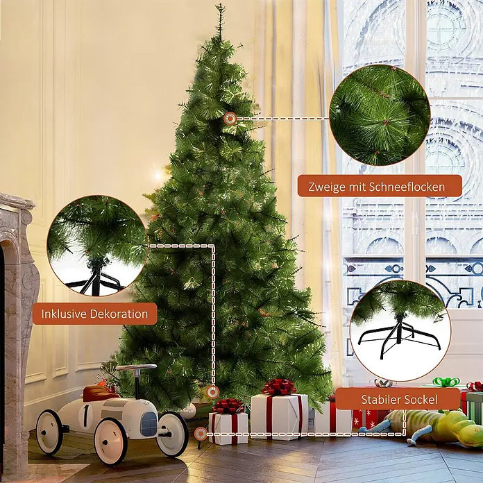 HOMCOM-Weihnachtsbaum-Ø90 x 210H cm-Grün -  - Grüner künstlicher Weihnachtsbaum mit beschneiten, realistischen Zweigen, inklusive Dekoration und stabilem schwarzen Metallständer in einem Wohnzimmer.