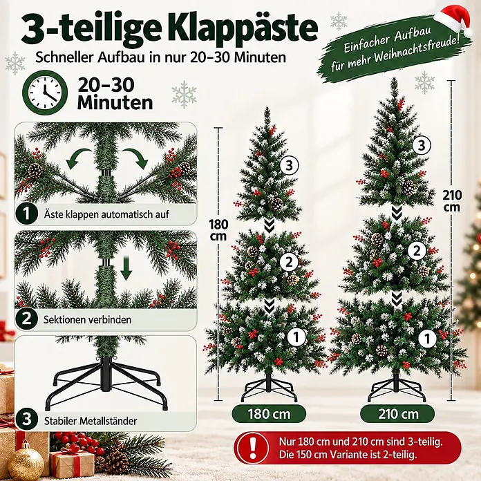 HOMAVO Künstlicher Weihnachtsbaum 150 CM Für Zuhause Garten Hotel -  - Künstlicher Weihnachtsbaum in 3 Teilen mit roten Beeren und Tannenzapfen; einfacher Aufbau mit automatischem Aufklappen der Äste und stabilem Metallständer.